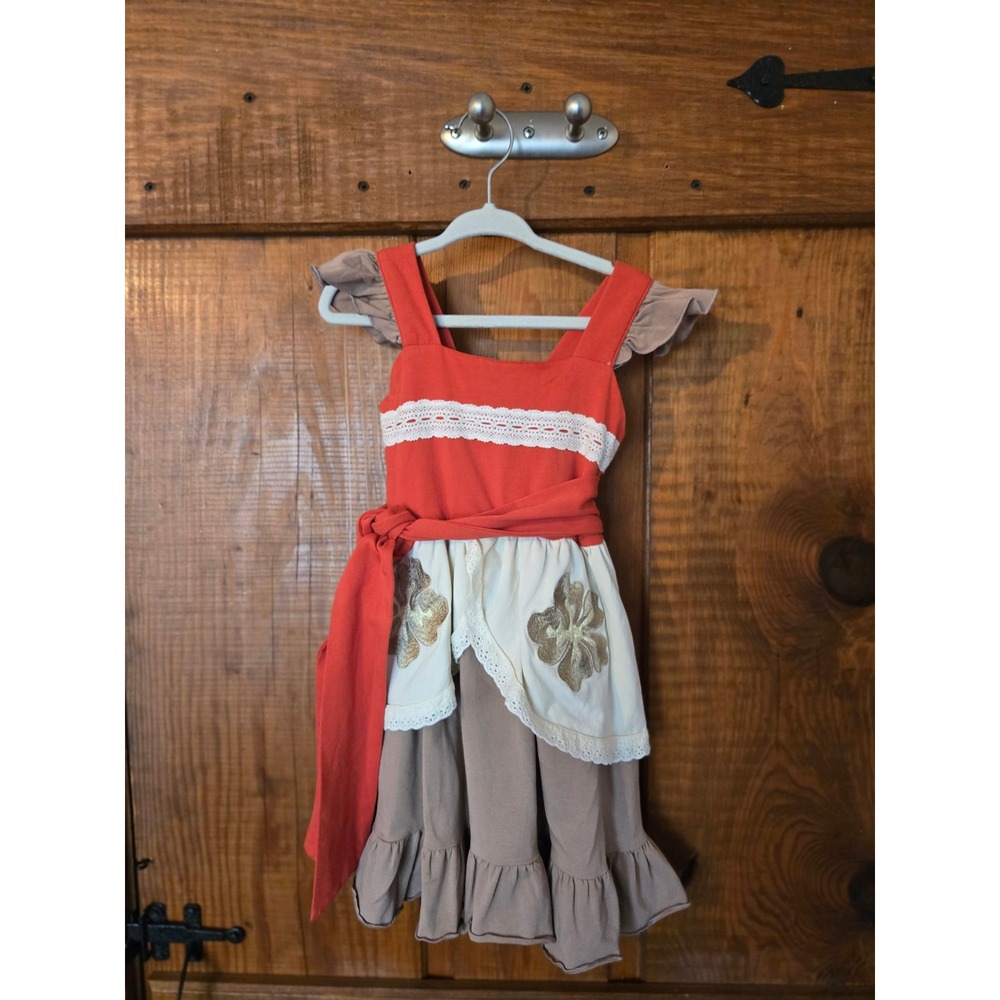 ONLY LITTLE ONCE Moana Inspired Dress Girls Size 3 Coral Brown Lace Ruffle Flora